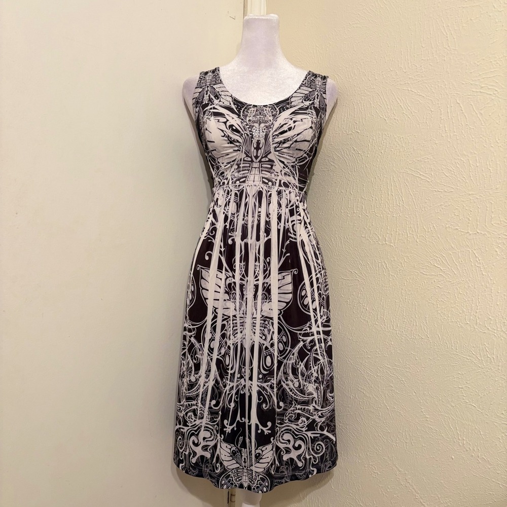 Vtg Y2K Butterfly Graphic Watercolor Rhinestone Dress Black White Tie Dye Grunge